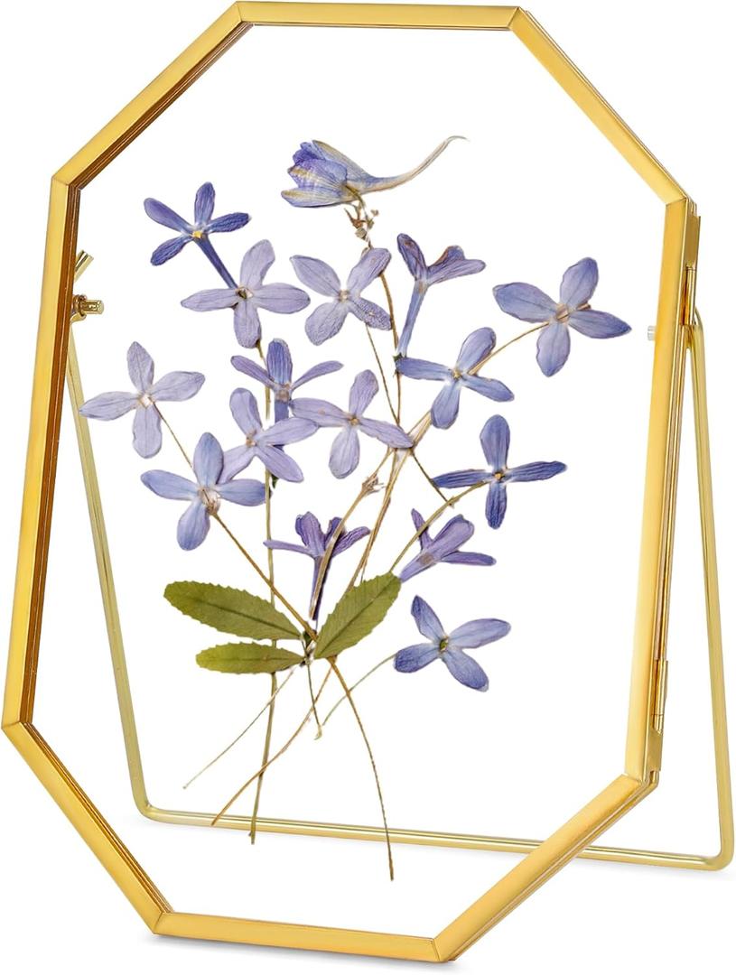 Glass Pressed Flower Frame Handmade, Metal Floating Picture Frame, Double Glass for Tabletop Display, Unique Brass Octagon, Gold, 5x7 Inches (Frame Only) (5L" x 7W")
