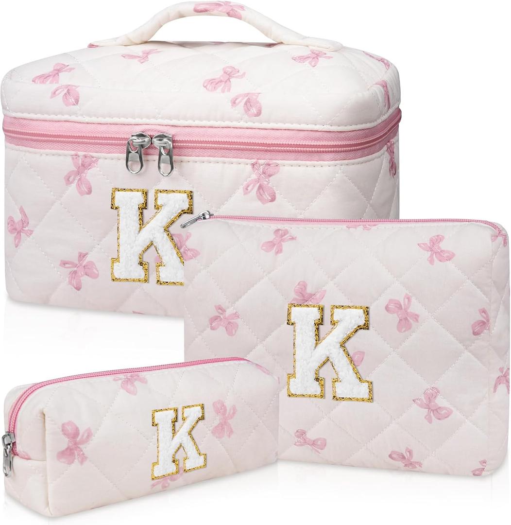 Initial Makeup Bag Set, Personalized Quilted Makeup Bag, Large Floral Cosmetic Bag for Women, Cute Cotton Custom Make up Bags, Flower Travel Toiletry Bag Teen Girl Gift Pink Butterfly K