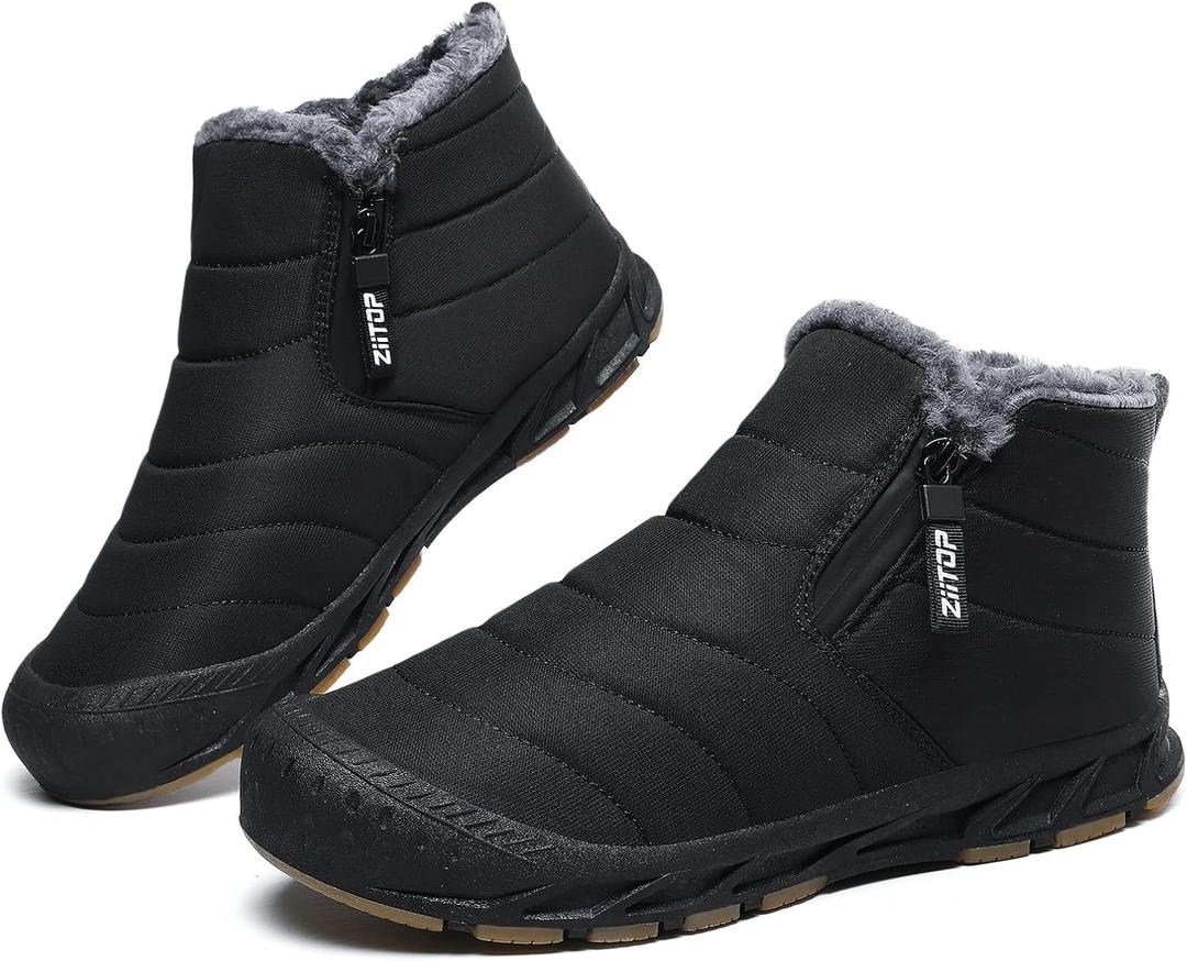 Snow Boots Mens Waterproof Winter Boots Fur Lined Warm Ankle Boots Zipper Closure Slip on Outdoor Boot Comfortable Walking Shoes (11, Full Black)