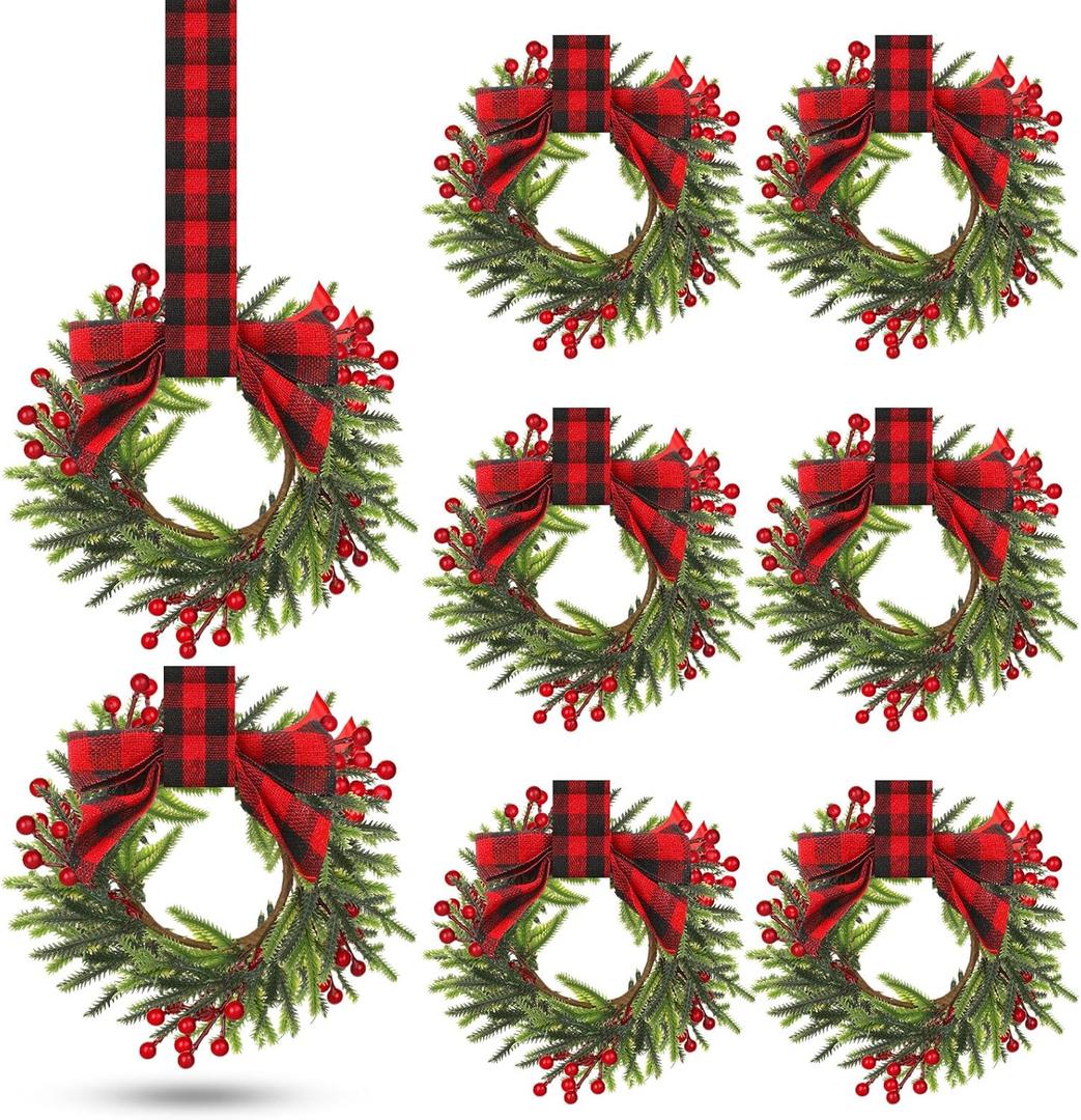 Dingion 8 Pcs 6 Inch Mini Cabinets Christmas Wreaths for Kitchen Mini Norfolk Wreath with Ribbon Bows and Berry Hanging Artificial Greenery for Farmhouse Door Wall Window Decor(Stylish Style)