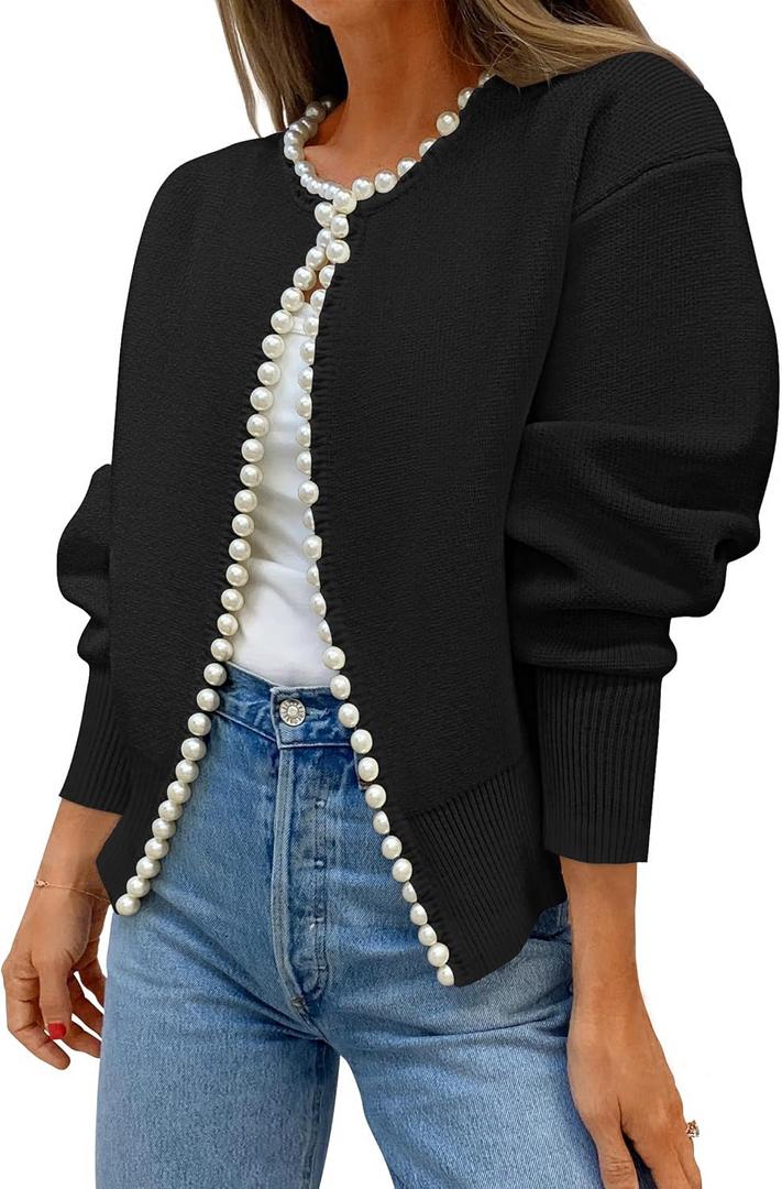 ZESICA Women's Open Front Cardigan Sweater 2026 Spring Casual Knitted Long Sleeve Pearls Trim Outerwear Coat Trendy Clothes (Black), Small