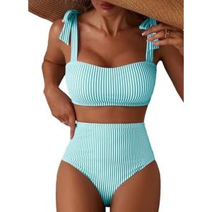 Herseas Women's Tie Shoulder Bikini Sets 2 Piece Striped Swimsuits High Waisted Bathing Suits M