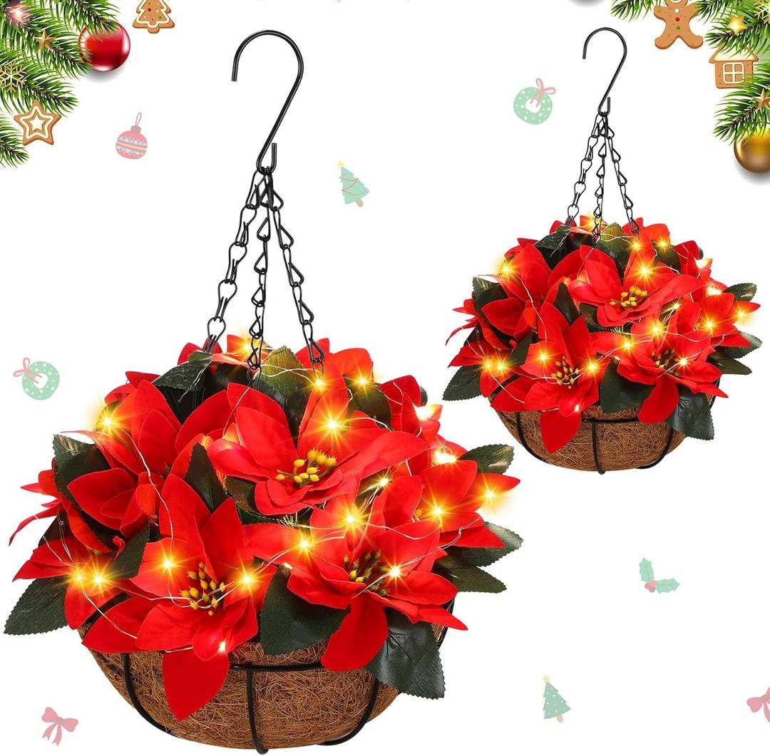 HyDren 2 Pack Pre Lit Artificial Poinsettia Flowers Christmas Hanging Basket 2 Pcs Colorful LED String Lights for Indoor Outdoor Garden Patio Porch (Red)