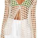 Saodimallsu Womens Long Sleeve Swimsuit Coverup Crochet Hollow Out Tie Front Swim Cover Up Knit Cardigan (Medium, Creamy-white)