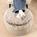 Stuffed Ottoman with Modern High Density Foam Faux Fur Pouf Stool Round Foot Stool Cushion Storage Ottoman 20 * 12''Floor Pouf Ottoman Foot Rest for Living Room (Snow Coffee)