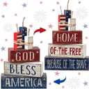 Moucuny 4 Pcs 4th of July Table Decorations Reversible Memorial Day Table Centerpiece Patriotic Fireworks Block Sign with String for 250th Anniversary USA Tiered Tray Home Shelf Decor