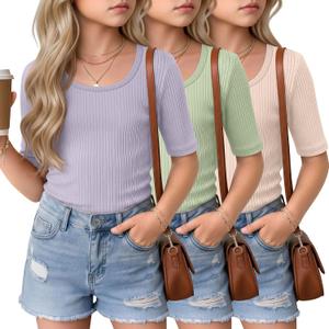 3 Pack Girls Half Sleeve Tops Ribbed Knit Short Sleeve U Neck Shirts 5-14 Years Kids Slim Scoop Neck Basic Tees