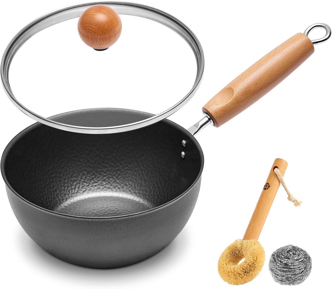 WANGYUANJI 1.5QT Iron Saucepan with Lid, Hammered Milk Pot for Boiling Ramen, Removable Wood Handle for Camping & Storage, Non-Coated Small Cookware for Single Serving, Induction Compatible (7.1 inch, 7.1 inch)