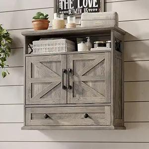 Bathroom Wall Cabinet, 23.6''x23.6'' Farmhouse Wall Mounted Medicine Cabinet with Drawer, 2 Barn Door & Adjustable Shelf, Space Saving Over The Toilet Storage Cabinet for Bathroom, Kitchen, Entryway