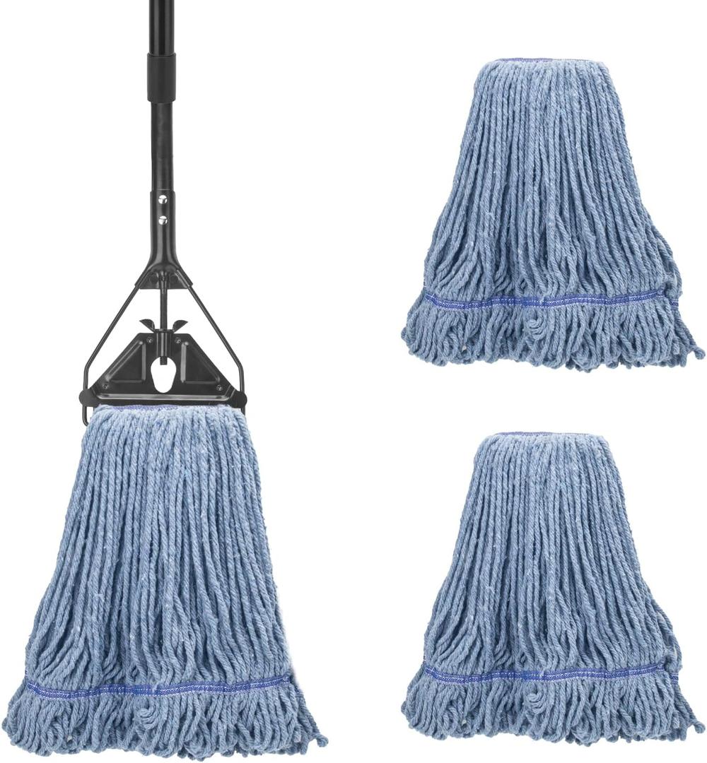 Commercial Industrial Mop for Floor Cleaning, 3 Extra Large Reusable Replacement Head with 59" Long Handle, Heavy Duty Looped-End String Wet Cotton Mop for House, Kitchen, Office, Garage, Tile Floor