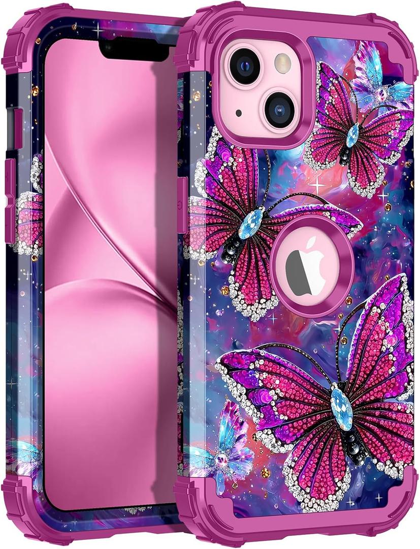 LONTECT for iPhone 14/ iPhone 13 Case Glow in The Dark Three Layer Heavy Duty Shockproof Hard PC+Soft Silicone Rugged Full Body Protective Case for Women Girls,Purple Red