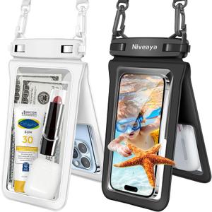 Niveaya Double Space Waterproof Phone Pouch - 2 Pack, Waterproof Phone Lanyard Case with iPhone 17/16/15/14/13 Pro Max up to 8.3", Phone Dry Bags for Vacation Beach Pool Kayak Cruise Travel Essentials (Black + White)