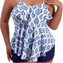 B2prity Women Plus Size Tankini Swimsuits Tummy Control Two Piece Bathing Suit Ruffled Flounce Swimwear with Shorts (XX-Large, Blue,white)
