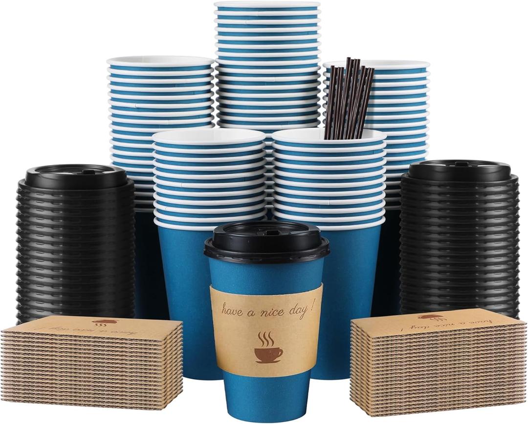 100 Pack 12 oz Coffee Cups with Lids, Disposable To Go Paper Coffee Cups with Sleeves and Stirring Sticks for Hot/Cold Drinks Office Home Shop Event (Navy)