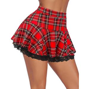 Avidlove Women Pleated Mini Skirt Sexy Lace Ruffle Solid Skirt Lingerie Short Skirts (XX-Large, Red Plaid)