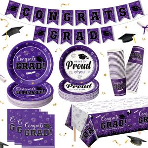 Graduation Plates and Napkins Set Serve 50, Class of 2026 Graduation Party Dinnerware Set, Purple Disposable Paper Plates Napkins Banner Tablecloth for Graduation Congrats Grad Party Supplies