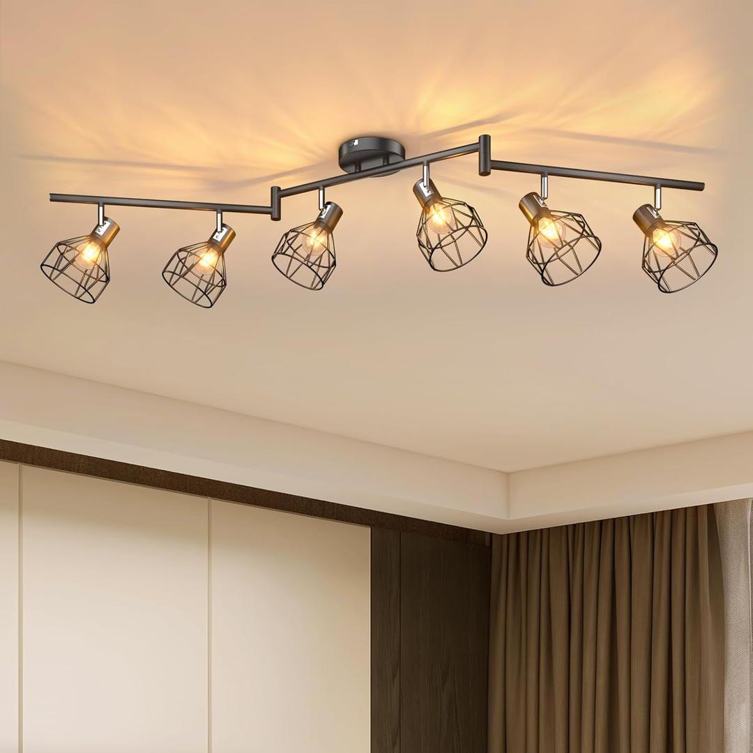 GORDNWE 6-Light Track Kits, Adjustable Track Fixtures - E12 Metal Wire Cage Retro Ceiling Lighting - Black for Kitchen, Living Room, Bedroom