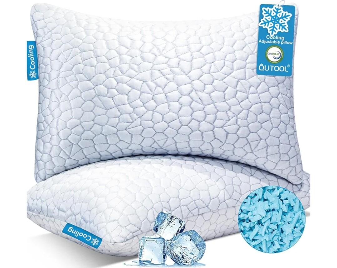 QUTOOL Cooling Pillow for Sleeping, CertiPUR-US Shredded Memory Foam Queen Pillows Set of 2, Cool Pillow for Hot Sleepers Adjustable Firm Pillow for Side, Back, Stomach Sleepers Soft Yet Support,White