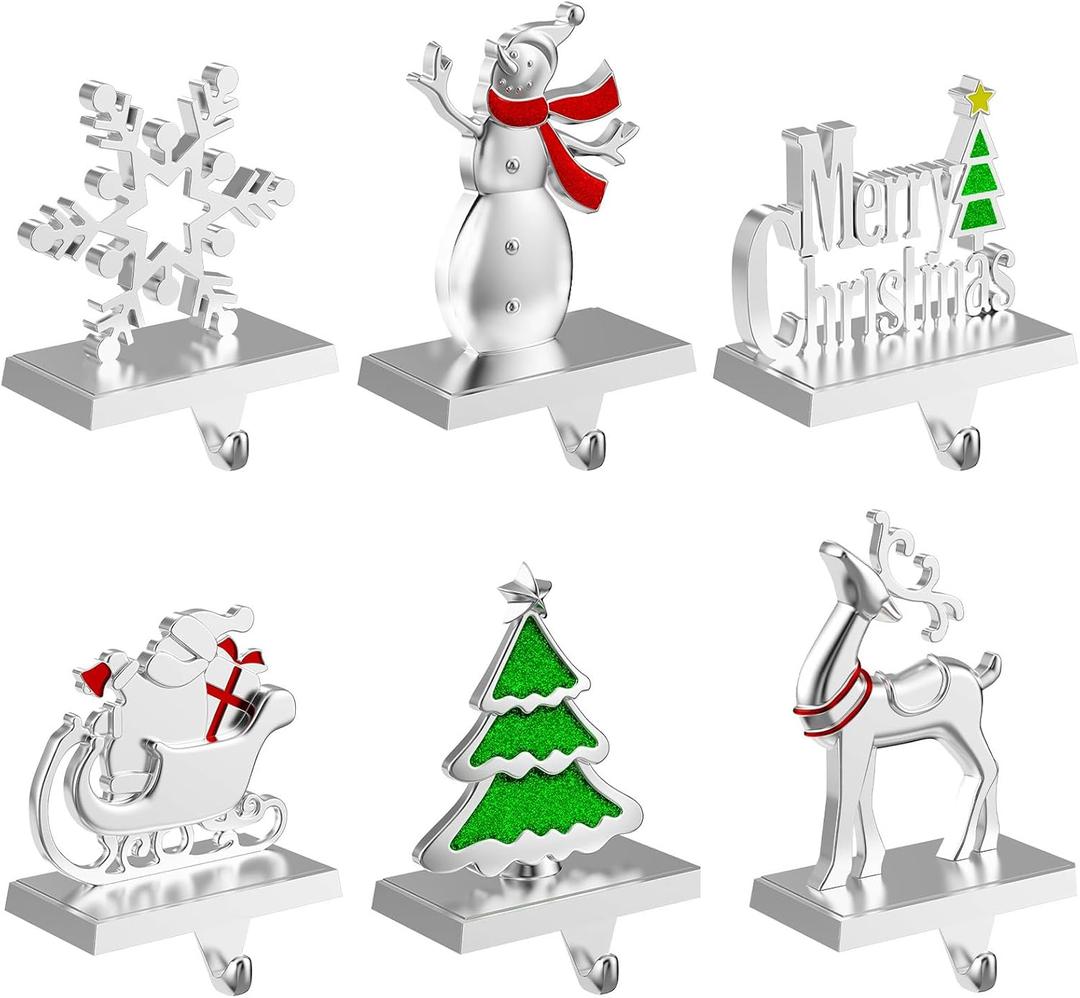 Ginbel Direct 6 Pack Christmas Stocking Holders for Mantle, Stockings Hangers Set of 6, Snowflake Snowman Tree Deer Reindeer Heavy Weighted Hooks for Mantel Fireplace Windows Indoor Decorations Silver