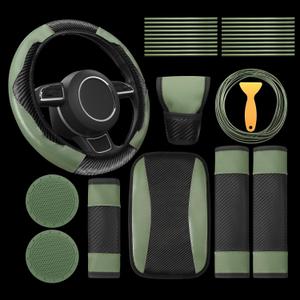 Riakrum 30 Pcs Car Accessories Set PU Leather Steering Wheel Cover Anti Slip Steering Wheel Protector Car Vent Trim Strips Air Conditioner Insert Strips with Installation Tool (Green)