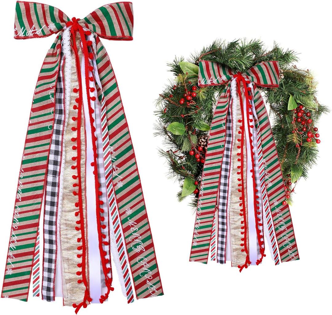 3 x Large Christmas Ribbon Bow, Red, White & Green Stripes with Snowflake Pattern, Tree Topper and Wreath Decoration, Rustic Vintage Style, Indoor/Outdoor Holiday Xmas Decor for Family, Wedding, Party
