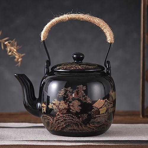 DUJUST Traditional Japanese Tea Pot, Black Porcelain Chinese Teapot with Stainless Infuser, Beautiful Asian Teapot for Adults, Tea Lover/Women/Men (Countryside in Golden)