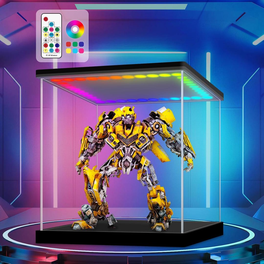 LASOA Acrylic Display Case with RGBW Color Changing LED Light, Clear Display Box for Action Figures and Collectibles, Self-Assembly Dustproof Showcase with Black Base, 11.8x11.8x11.8inch