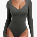 REORIA Long Sleeve Bodysuits for Women Square V Neck Going Out Top Double Lined Thong Body Suit Sexy Slimming Shirt 2025 Fall M