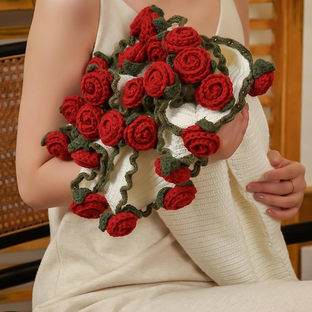 Crochet Rose Flower Bouquet Blanket, Finished Product Handmade Crocheted 3D Red Rose Bouquet Sofa for Friends, Family and Loved Ones(39.4in(24 Flowers))