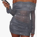Uni Clau Women Sexy Off Shoulder Sparkly Mini Dresses Long Sleeve Bodycon Ruched Y2K Dress Mesh Birthday Party Club Dress Large