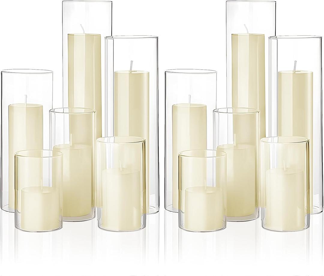 Shihanee Set of 12 Pillar Candles and Glass Cylinder Vases Assorted Sizes Clear Cylinder Holders for Pillar Candles Home Table Centerpieces Wedding Party Decorations (Multiple Sizes,Ivory)