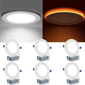 Meconard 6 Pack 6 Inch 5CCT LED Recessed Lighting with Night Light, 2700K/3000K/3500K/4000K/5000K Selectable Ultra-Thin LED Recessed Ceiling Lights, 12W=110W, 1050LM, Dimmable Canless Wafer Downlight (White)