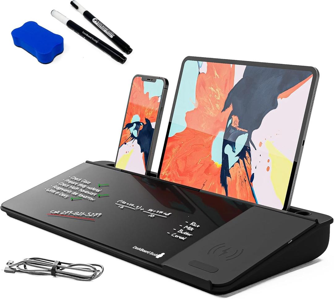 DeskBoard Buddy Desktop Whiteboard + 2 Markers (Black with Wireless Charger)