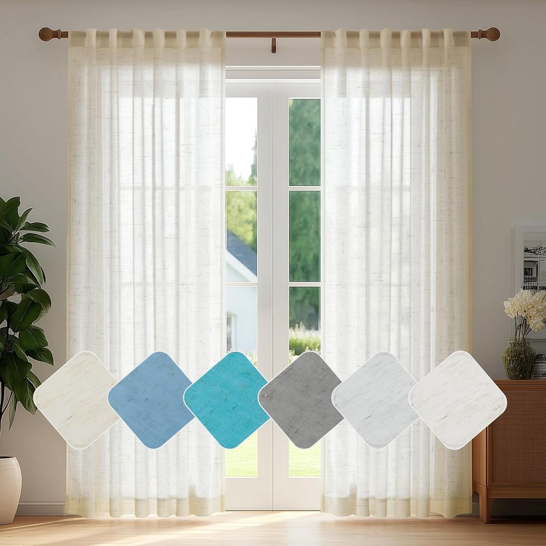 Deconovo Faux Linen Semi Sheer Curtains, 52x72 Inch, Set of 2 Back Tab Panels, Light Filtering Voile Window Treatment, Airy Privacy Drapes, Washable & Sustainable for Living Room Bedroom, Light Beige