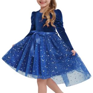 Luckrizyy Girls Velvet Christmas Dress Toddler Tulle Sequin Tutu Dresses Kids Winter Party Holiday Casual Princess Dress 2-7Y Dark Blue (Blue)