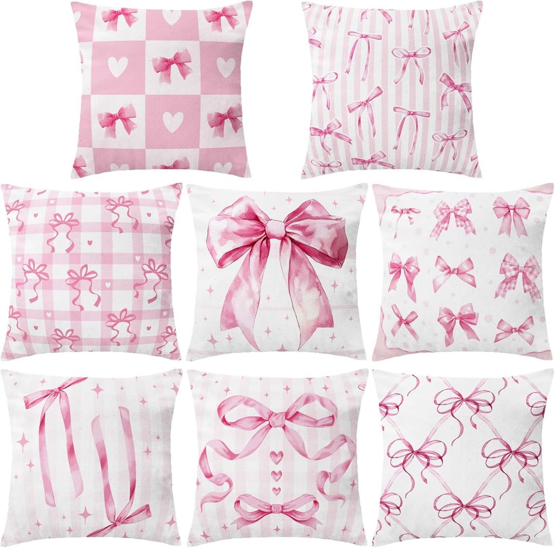 8 Pcs 18x18 Inch Pink Bow Pillow Covers Coquette Pillows Pink Coquette Room Decor Bow Pillowcase Set Watercolor Aesthetic Preppy Room Decoration Bedroom Sofa Decor