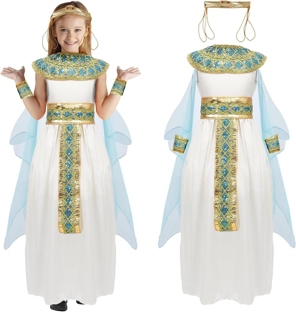 Cleopatra Costume Kids Girls Egyptian Costume 6Pcs Cleopatra Dress Accessories Halloween Outfit Props (5-6 Years/Small, Blue)