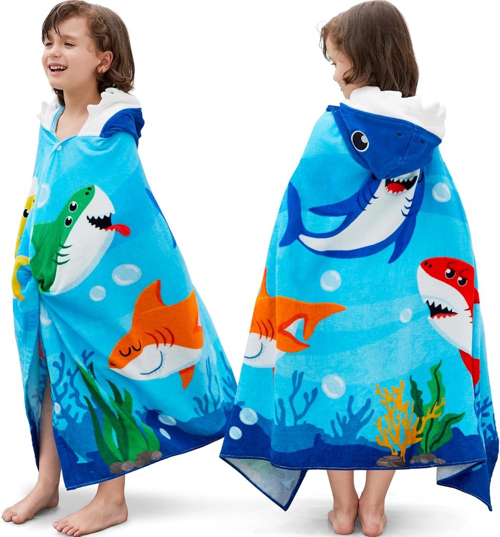 Joiedomi Shark Hooded Towels for Kids Soft 100% Cotton Kids Beach Towel 30" x 50" for 3-10 Years Boy Girl Beach Hooded Poncho Absorbent Pool Toddler Swim Bath Wrap