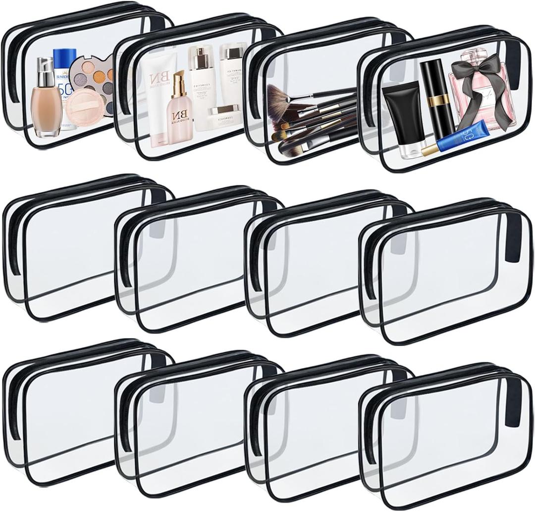 12 Pieces Clear Makeup Bags, TSA Approved Toiletry Bag for Travel, PVC Transparent Cosmetic Pouch with Zipper, Waterproof Vinyl Plastic Organizer Case for Vacation Bathroom (Medium) (EXP 07/10/26)