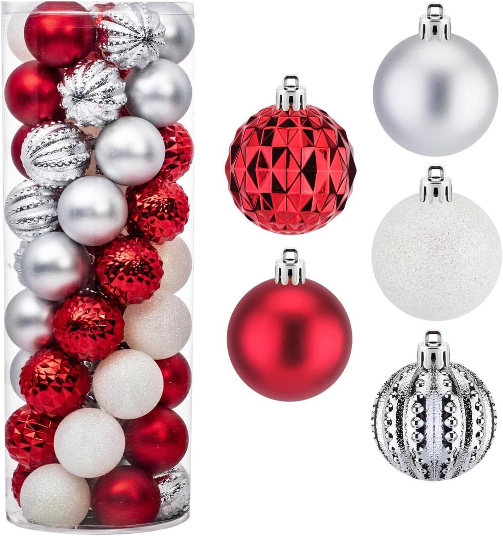 Amooca 45pc 2.36'' Christmas Ball Ornaments Xmas Tree Hanging Decoration for Festival Party Home Holiday Wedding Decors Shatterproof Plastic Balls Red & Silver & White