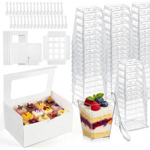 Dessert Shooter Boxes Set Include Transport Boxes Square Mini Dessert Cups Spoons Cupcake Carriers Containers with Windows and Inserts for Bakery Party Supplies(5 oz,Clear,125 Pcs)