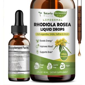 Totaria 16-in-1 Liposomal Rhodiola Rosea Supplement Tincture 1000mg, Ultra Strength Rhodiola 10:1 Root Extract w/Ashwagandha, Rhodiola Liquid Drops for Natural Relaxation, Mood, Energy, Alcohol-Free (2 Fl Oz (Pack of 1))