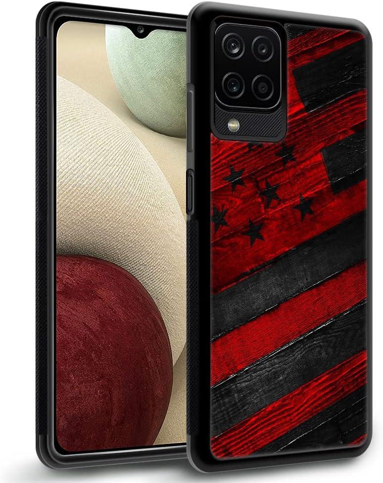 DJSOK Compatible with Samsung Galaxy A12 4G CaseDesign Pattern Back Bumper Anti Scratch Reinforced Corners Soft TPU Caver,Cases for Men Women-Black red Wood Grain American Flag