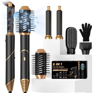 5 in 1 Blow Dryer Brush,Hair Dryer Brush with Detachable Air Styler,Negative Ionic Magic Hair Styler,Hot Air Brush for Women Volumizer,Straightener,Drying (Black Gold)