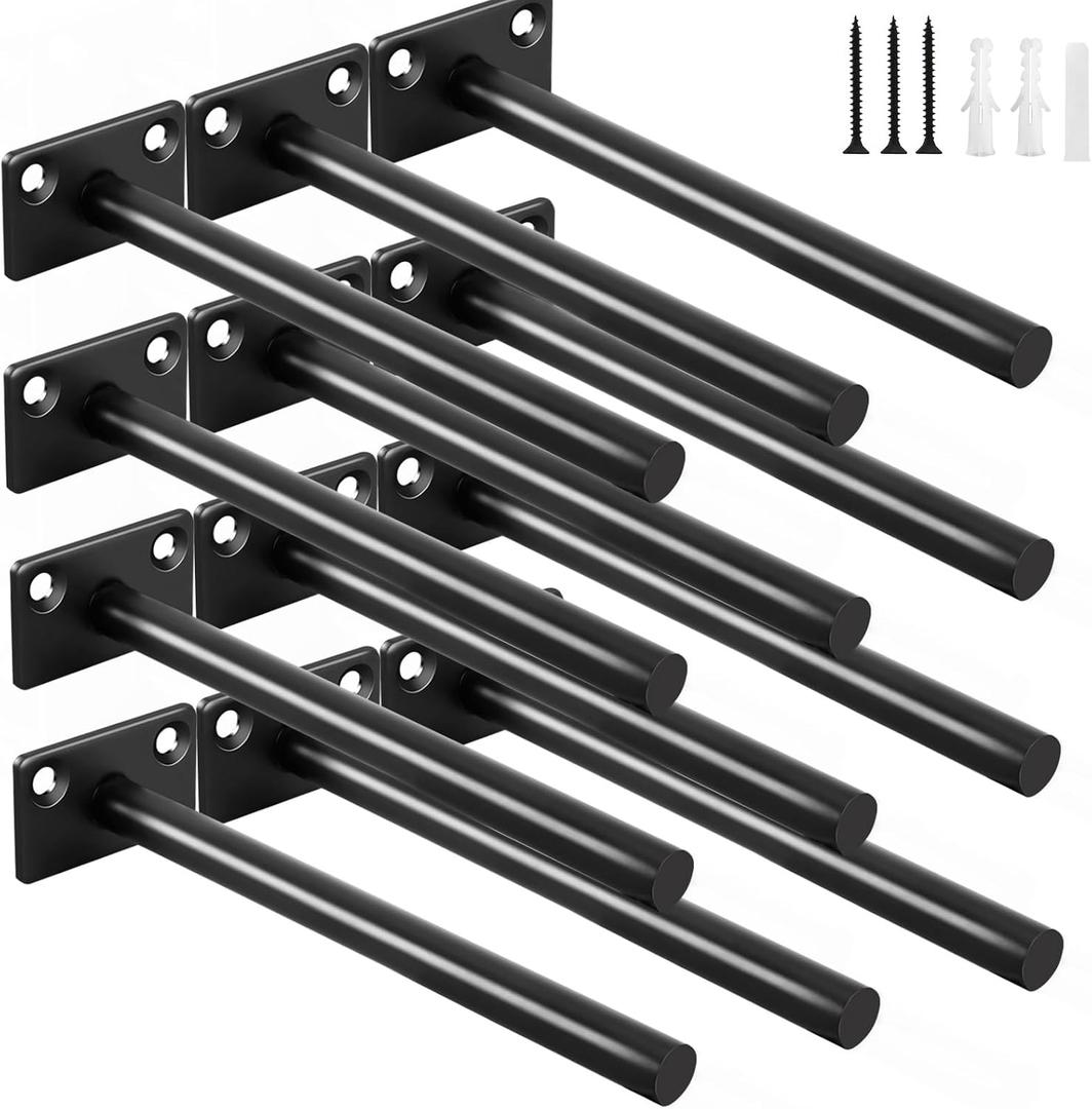 12 Pcs 6" Black Solid Steel Floating Shelf Bracket Blind Shelf Supports - Hidden Brackets for Floating Wood Shelves - Concealed Blind Shelf Support Screws and Wall Plugs Included