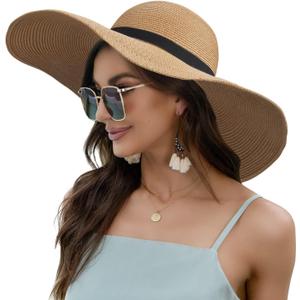 Naivlizer Women Wide Brim Sun Hat UPF50 Straw Summer Hat Floppy Beach Hat Roll-Up (One Size, Tie Brown)