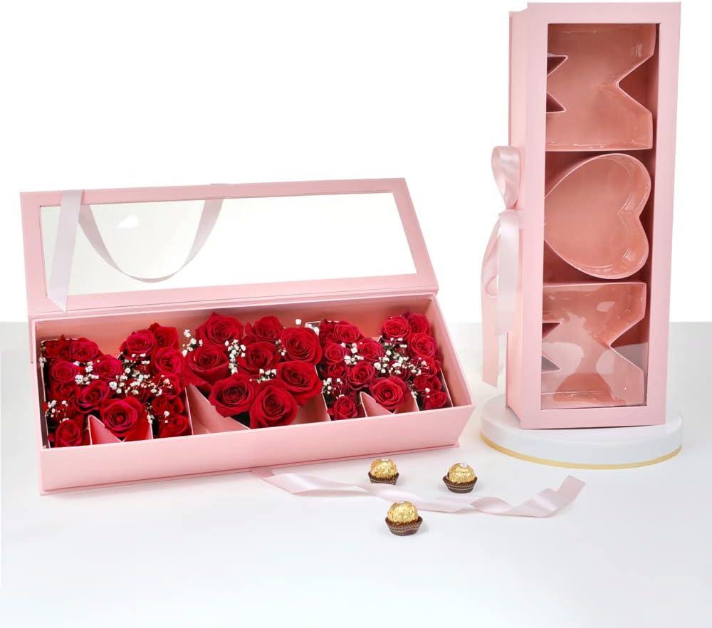 UNIKPACKAGING MOM Flower Gift Letter Shaped Fillable Box, with Plastic Liner, Size 22 x 8 x 4 inches, for Luxury Style Flower and Gift Arrangements (Pink)