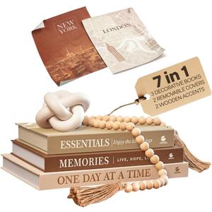 JULZEN Linen Decorative Books for Home Decor  Aesthetic Set of 3 Beige Fake Books for Coffee Table Decor with Faux Book Box Storage, Wood Knot & Bead Garland  Neutral Living Room Decoration