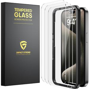 ImpactStrong Shatterproof Tempered Glass Screen Protector for iPhone 15 Pro Max [Easy Installation Frame] [Bubble Free] [9H Hardness] [Full Coverage] Case Friendly, 6.7 Inch - (3-Pack)