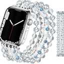 JR.DM Beaded Bracelet Bands for women Compatible with Apple Watch 42mm(S3/2/1) 44mm 45mm 46mm 49mm Fashion Dressy Stretchy Handmade Strap for iWatch Series 11/10/9/8/7/6/5/4/SE 3/2/1 Ultra(Blue/Clear)